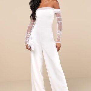 Lulus Eternal Bliss White Tulle Off-the-shoulder Wide-leg Jumpsuit - Size S